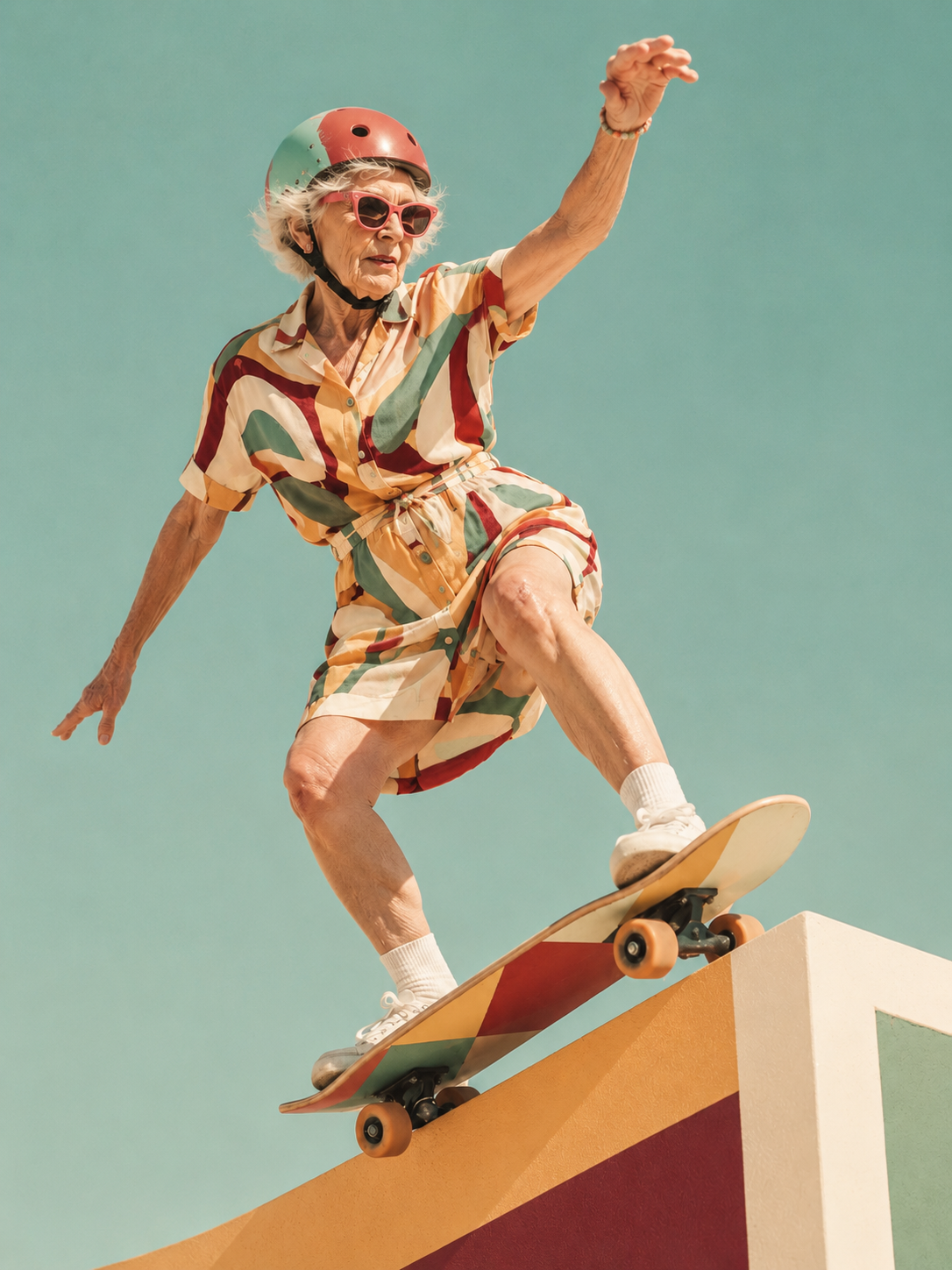 Energieke oudere vrouw op een skateboard