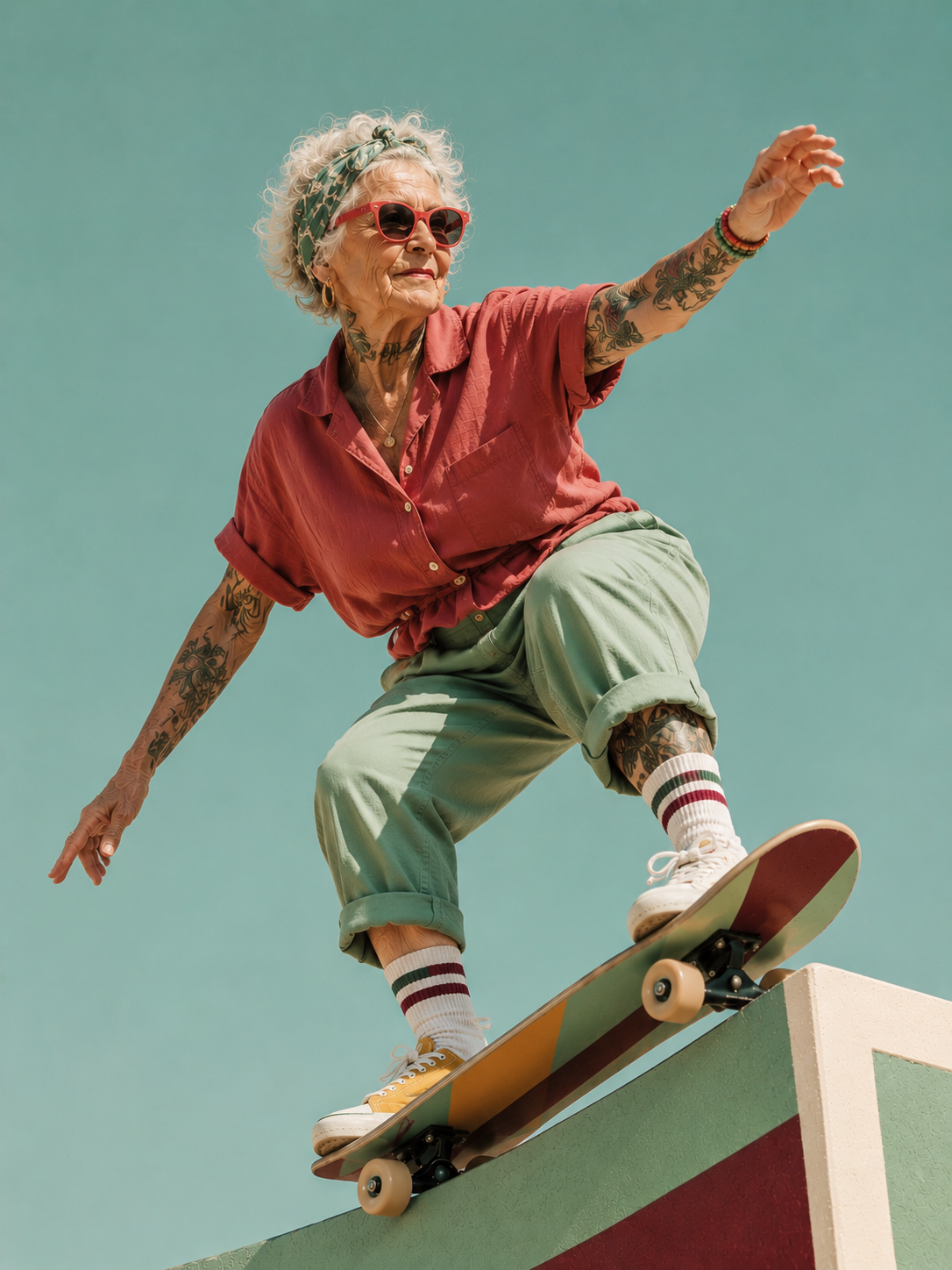 Energieke oudere vrouw op een skateboard